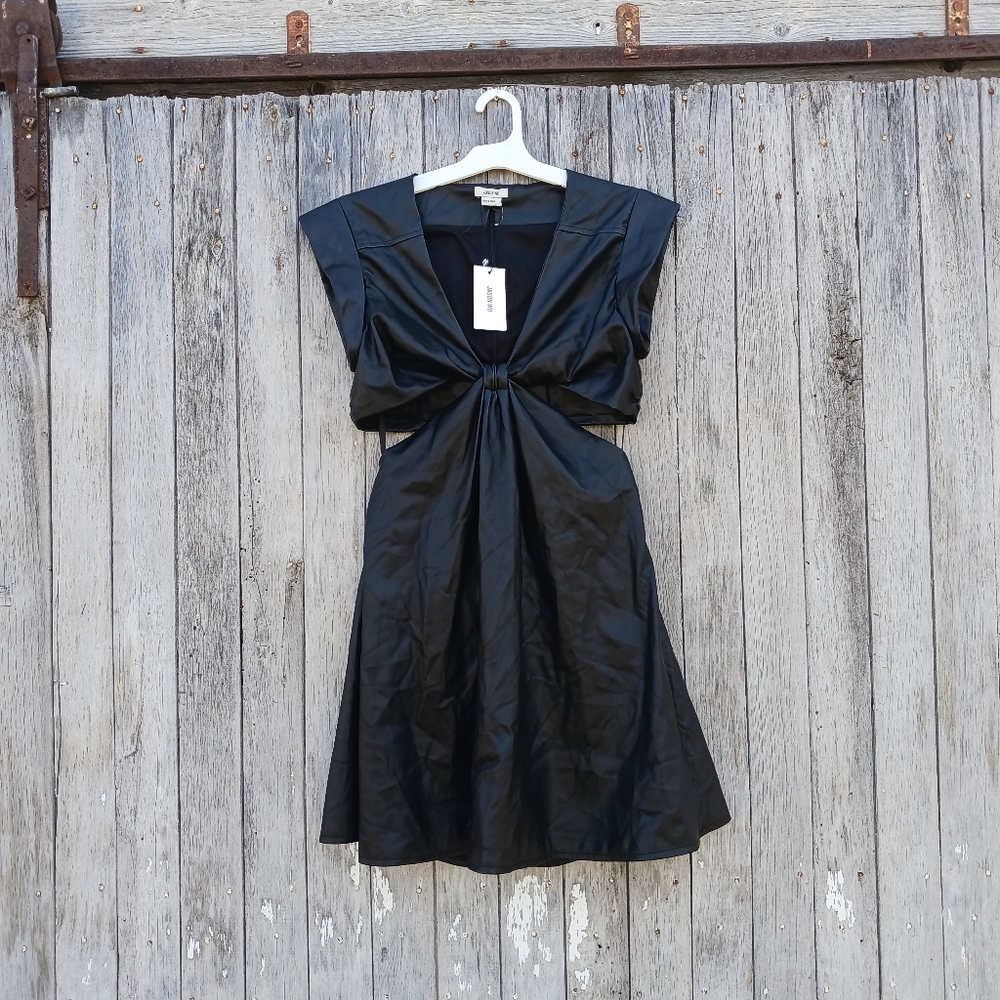 Jason Wu Cutout Mini Dress Sz L Black Faux Leather V-Neck Open Back